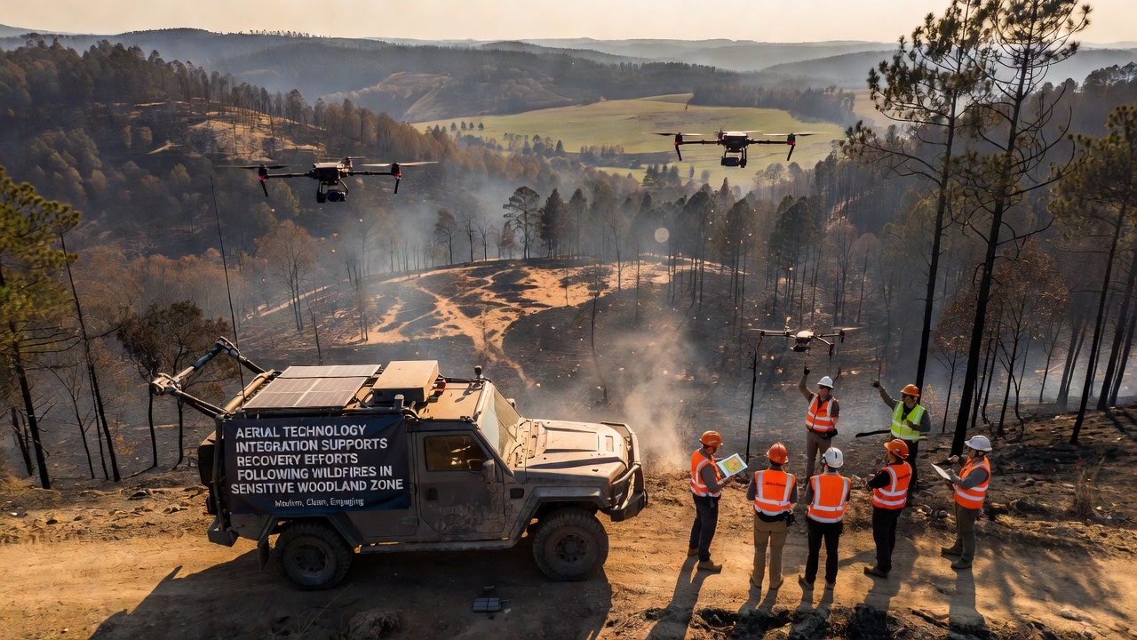 Aerial seeding aircraft releasing material over recovering forest slopes